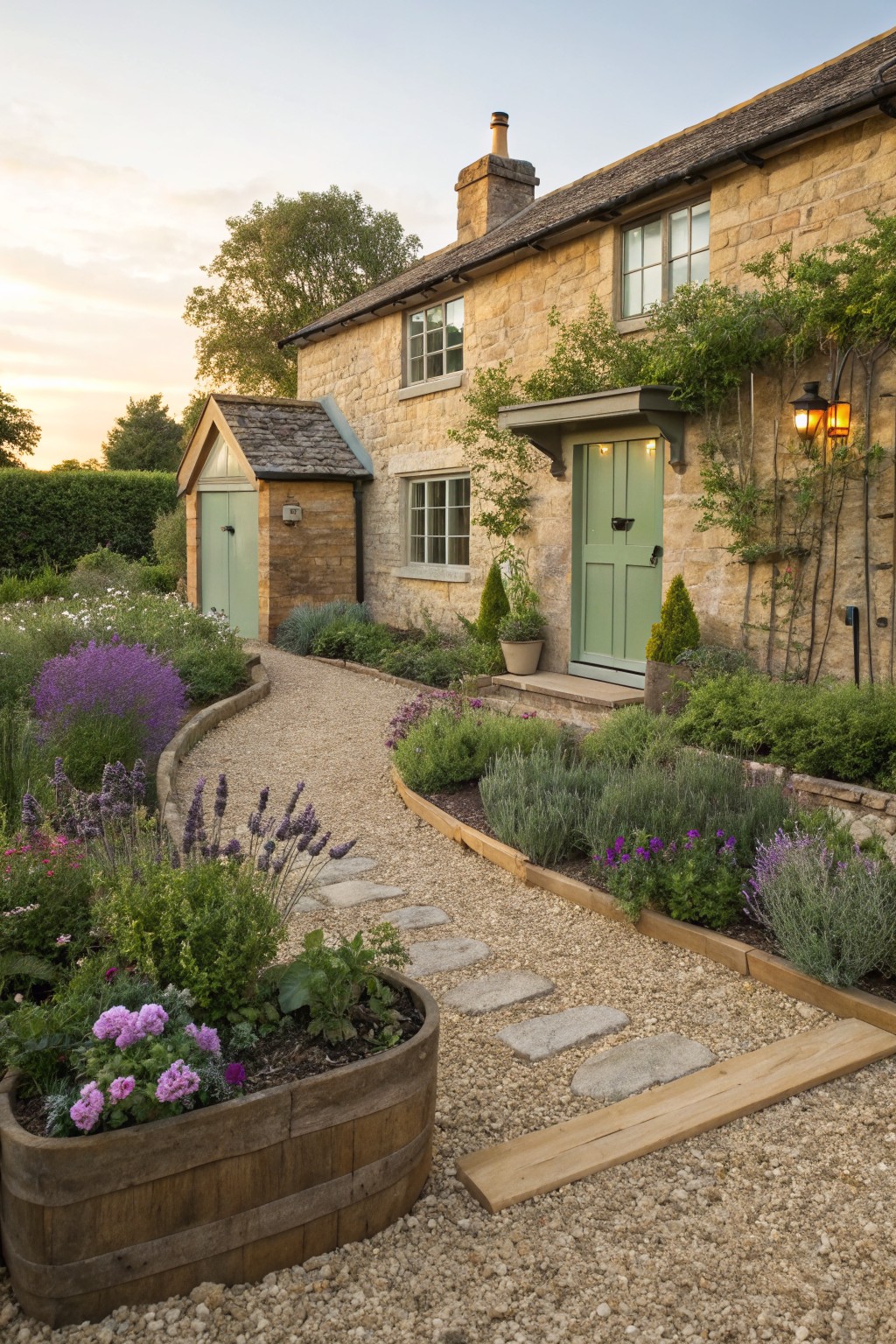 Stone cottage exterior with green front door, curved gravel path edged by raised wooden flower beds containing lavender, herbs, and pink flowers, plus shrubs and trees in the yard at dusk.
