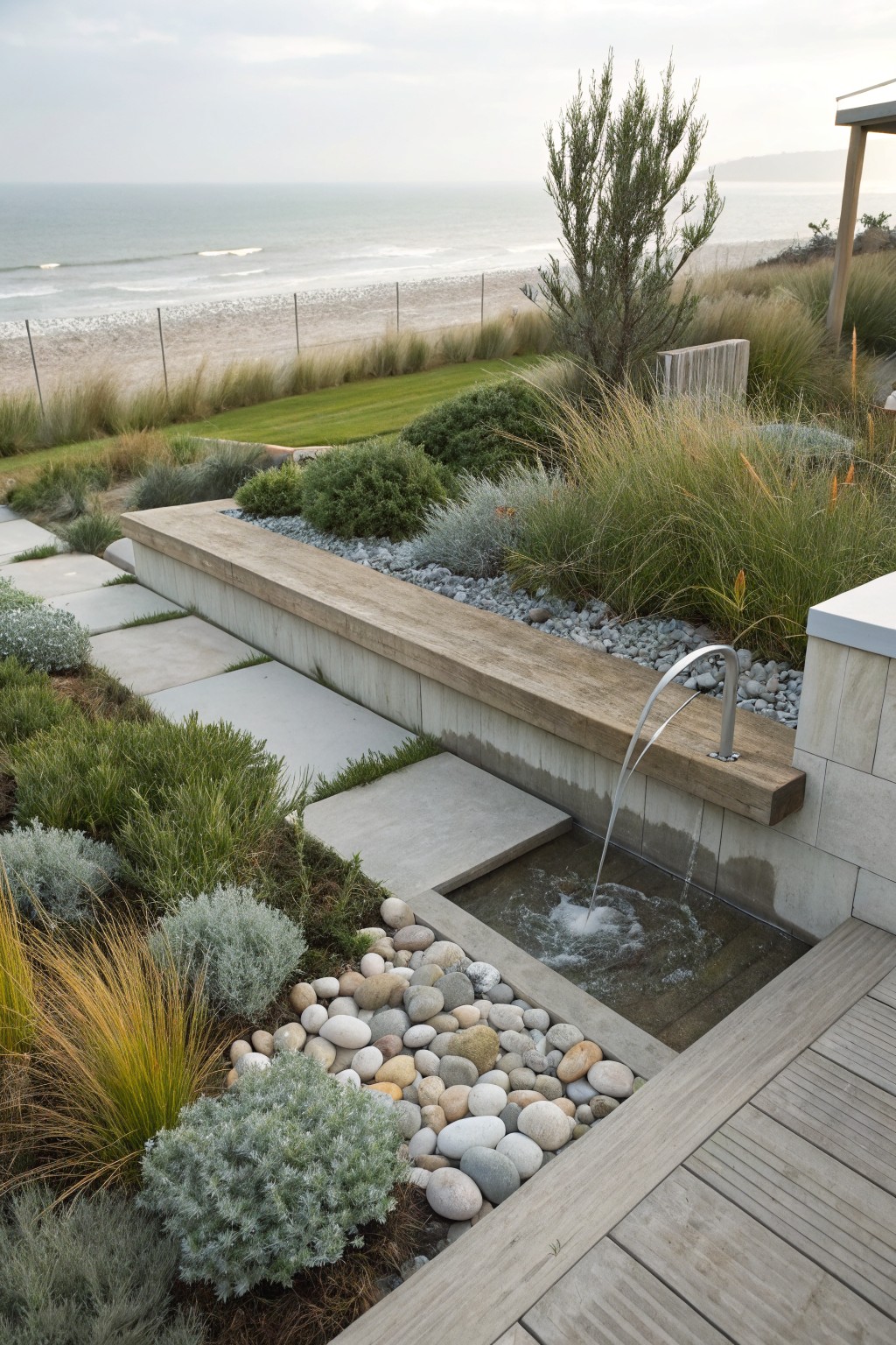 Coastal garden with concrete bench featuring a wall-mounted fountain spilling water into pebble-lined basin, surrounded by grasses and shrubs, overlooking beach dunes and ocean.