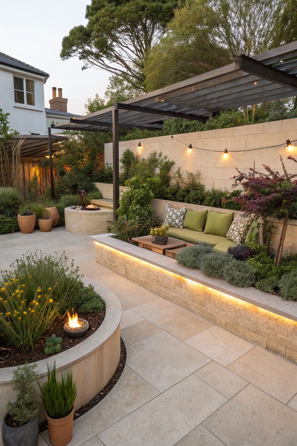 Modern garden patio with beige stone raised walls featuring built-in bench seating with green cushions and LED edge lighting, curved raised planter with fire bowl and yellow flowers, potted plants, fire pit nearby, pergola overhead, and lush greenery.