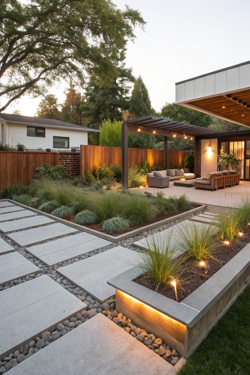 Modern backyard with concrete paver pathway featuring gravel joints winding through raised planting beds of ornamental grasses, next to a lit patio seating area under a wooden pergola and beside a contemporary house extension.