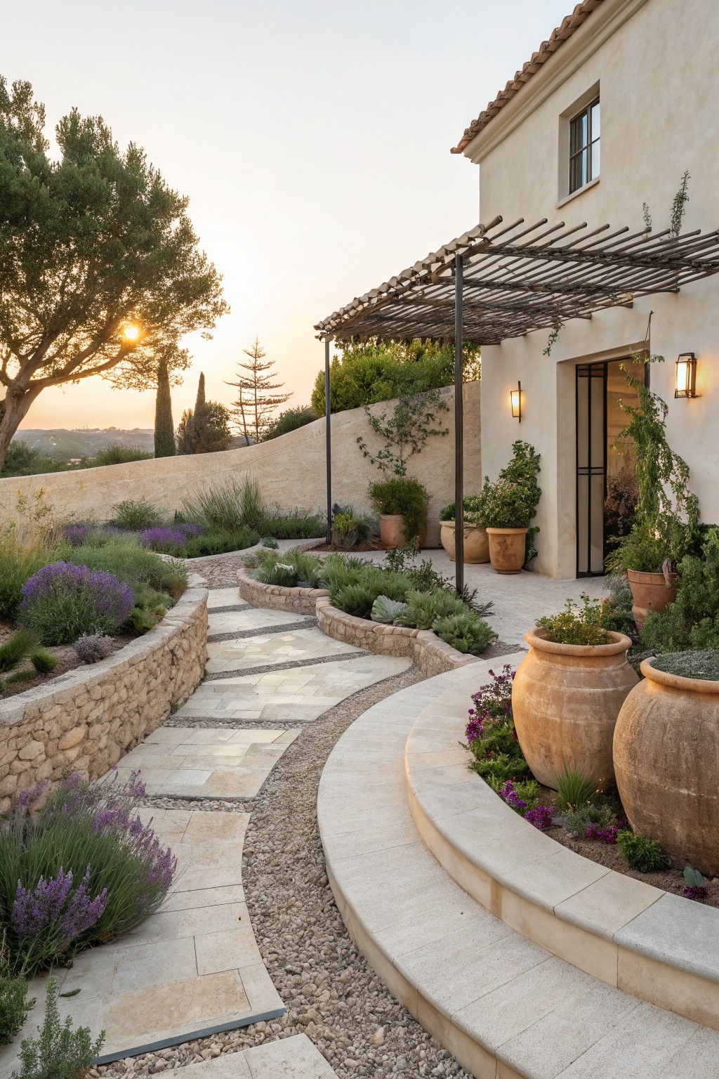 Curved stone pathway with raised stone retaining walls planted with lavender, grasses, and succulents leading to a beige stucco house exterior featuring a metal door, pergola, terracotta pots, and sunset sky.