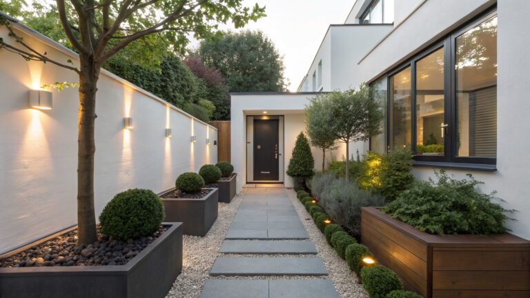 Narrow outdoor path of dark rectangular stone pavers bordered by raised wooden planters filled with lavender bushes, grasses, and pebbles, with LED strip lighting along the planter edge, topiary trees near black doors on white walls, and a tree in the background.