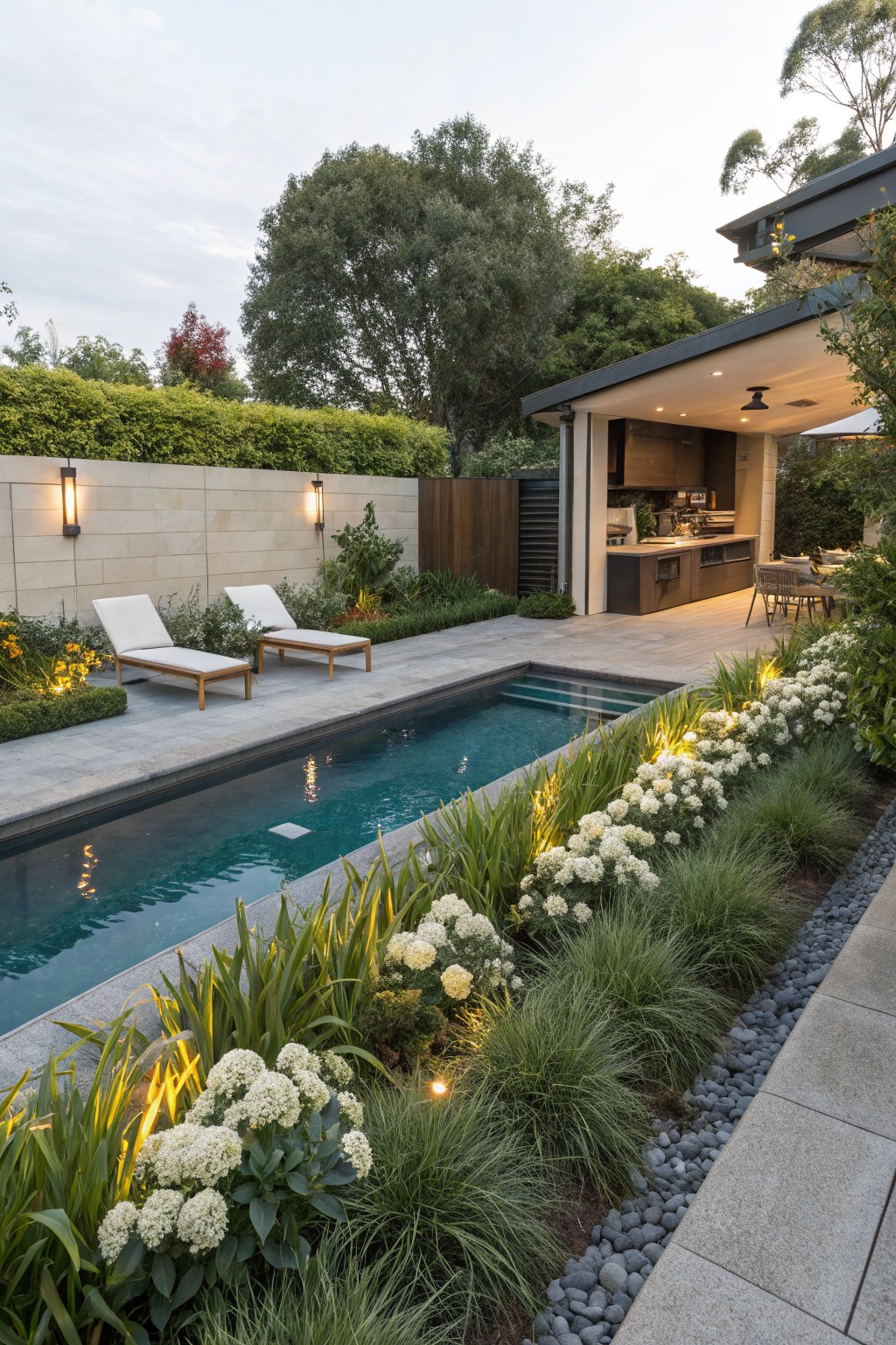 Narrow inground pool with turquoise water bordered by dense white hydrangea blooms, ornamental grasses, and pebble mulch beds, adjacent to gray pavers, wooden lounge chairs, and an outdoor kitchen structure.