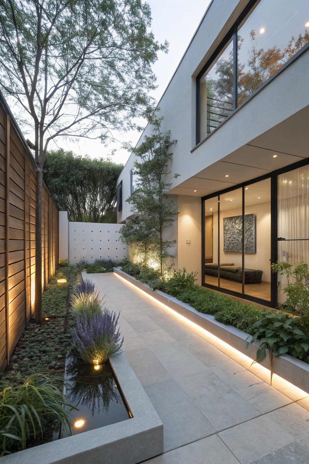 Narrow stone garden pathway with linear edge lighting and adjacent raised concrete planter bed containing lavender bushes, ornamental grasses, and a small rectangular water feature, leading to a modern house with glass sliding doors.