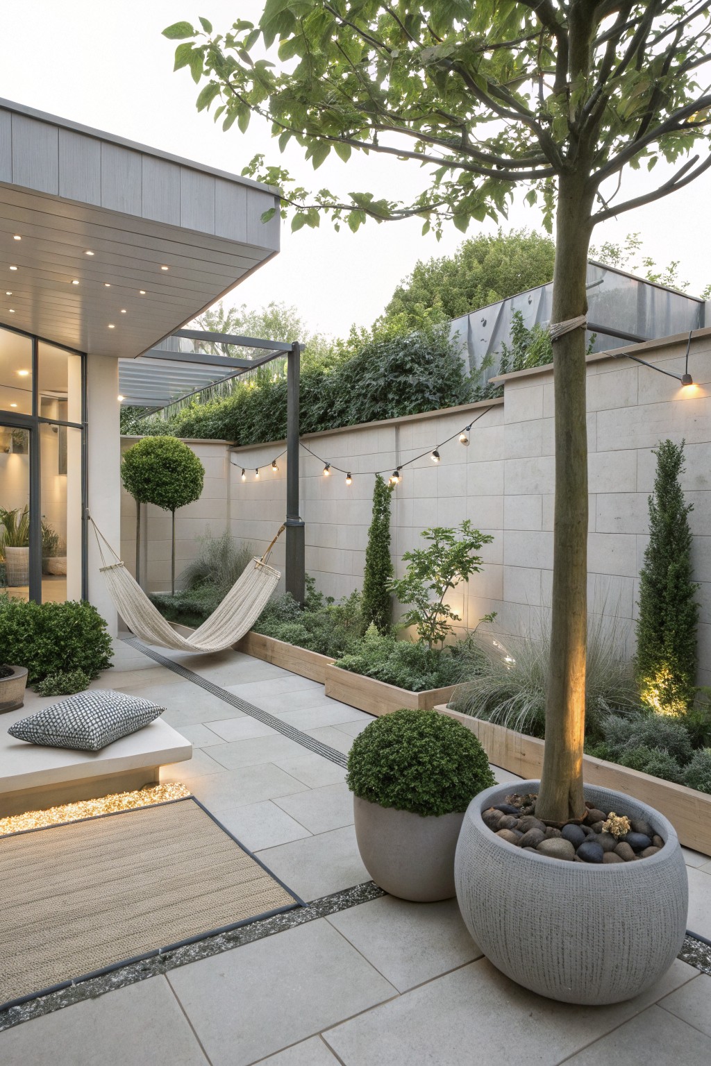 Modern terrace with light gray pavers, white hammock strung between metal posts, raised wooden planter bed filled with greenery and grasses, large textured pot with tree trunk and pebbles, boxwood shrubs, string lights along beige stone wall, and glass doors on house exterior.