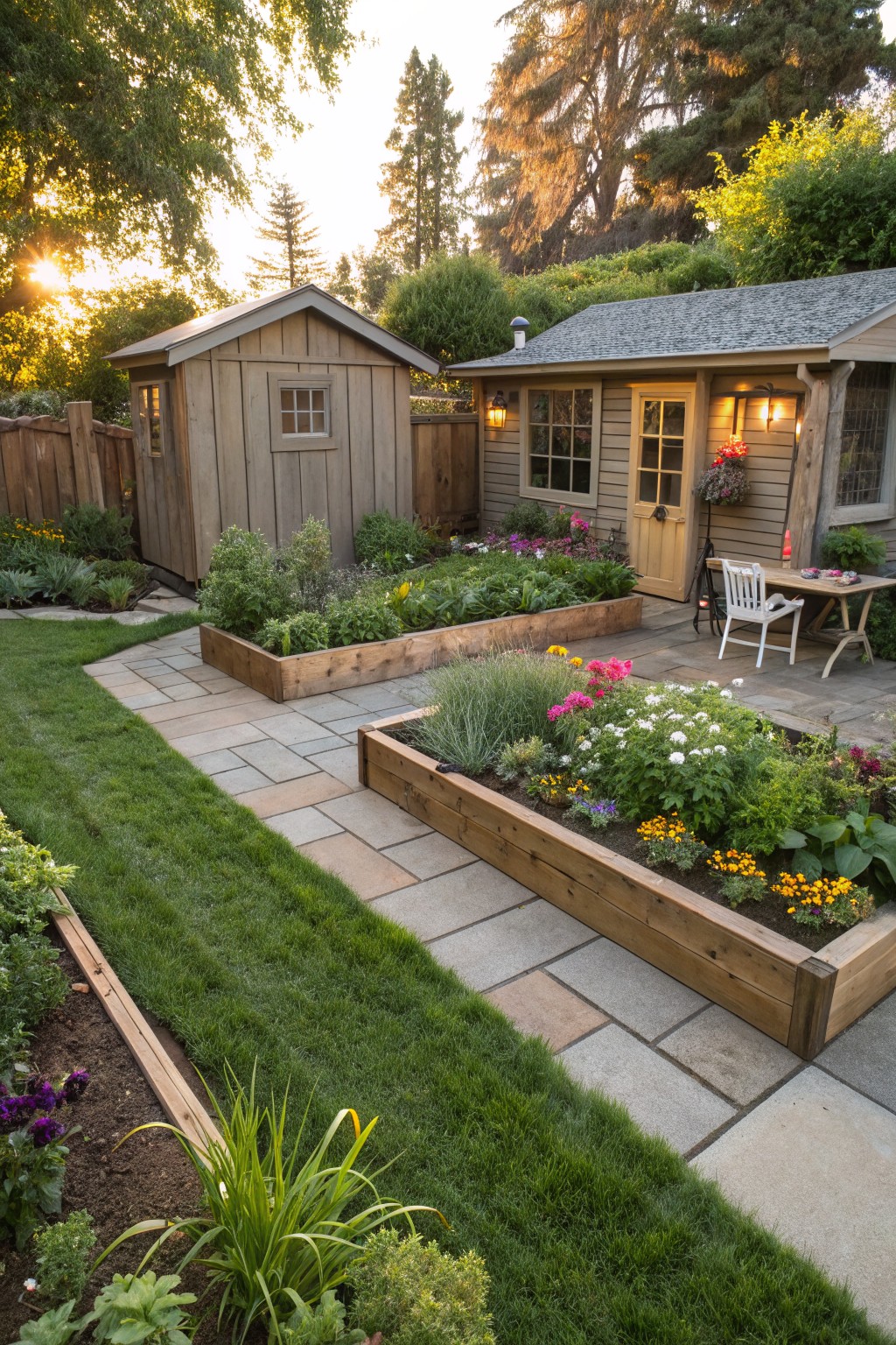 Backyard garden with multiple wooden raised planter beds filled with colorful flowers and plants, a gray shingled garden shed, stone paver path, small table and chairs, and surrounding greenery at sunset.
