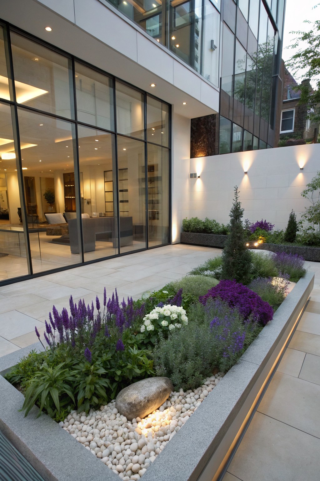 Modern outdoor patio area with floor-to-ceiling glass doors, adjacent raised gray stone flower bed filled with purple and white flowers, green plants, white pebbles, and a large rock, surrounded by manicured shrubs and trees.