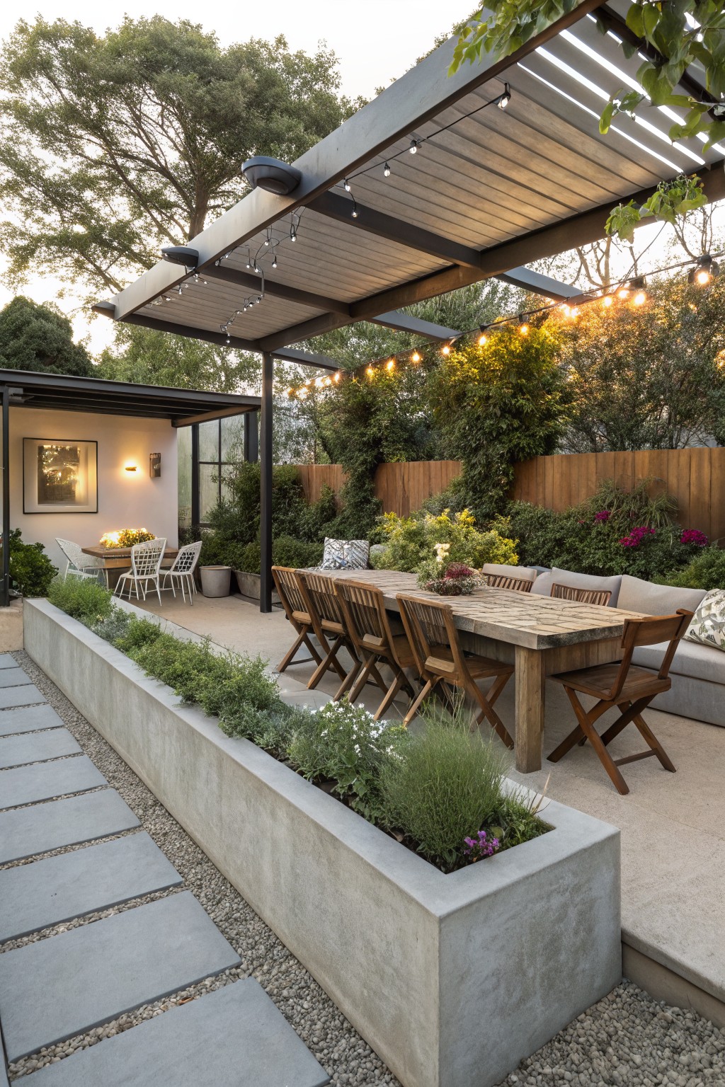 Long linear concrete raised planter bed filled with grasses, herbs, and purple flowers along a gray paver path next to an outdoor dining table, chairs, and sofa under a slatted metal pergola strung with lights, surrounded by greenery and a wooden fence.
