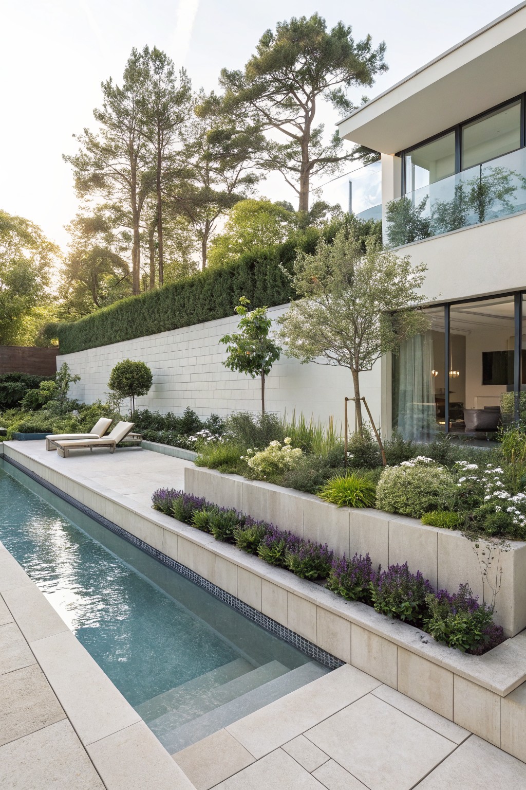 Long narrow swimming pool with raised concrete planters along one edge filled with purple-flowered shrubs, grasses, and white blooms, stone deck with wooden lounge chairs, modern house with large windows in background, trees and hedge beyond.
