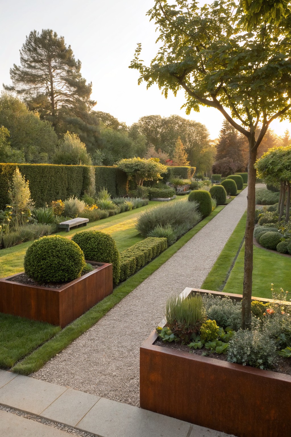 Gravel garden path flanked by rectangular raised Corten steel planters filled with spherical boxwood topiaries and low herbaceous plants, bordered by clipped hedges and lawns with trees in the background.