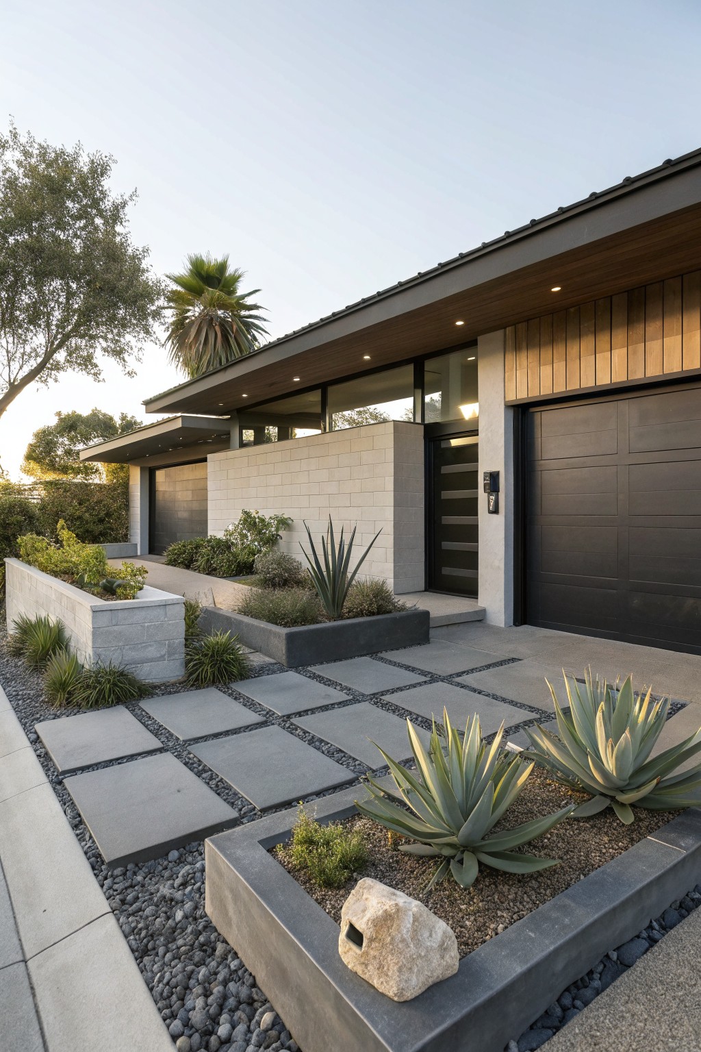 Modern house facade with two-car garage, entry door, raised concrete planters containing agave succulents and grasses, stone paver pathway, pebble mulch, and low shrubs in the front yard.