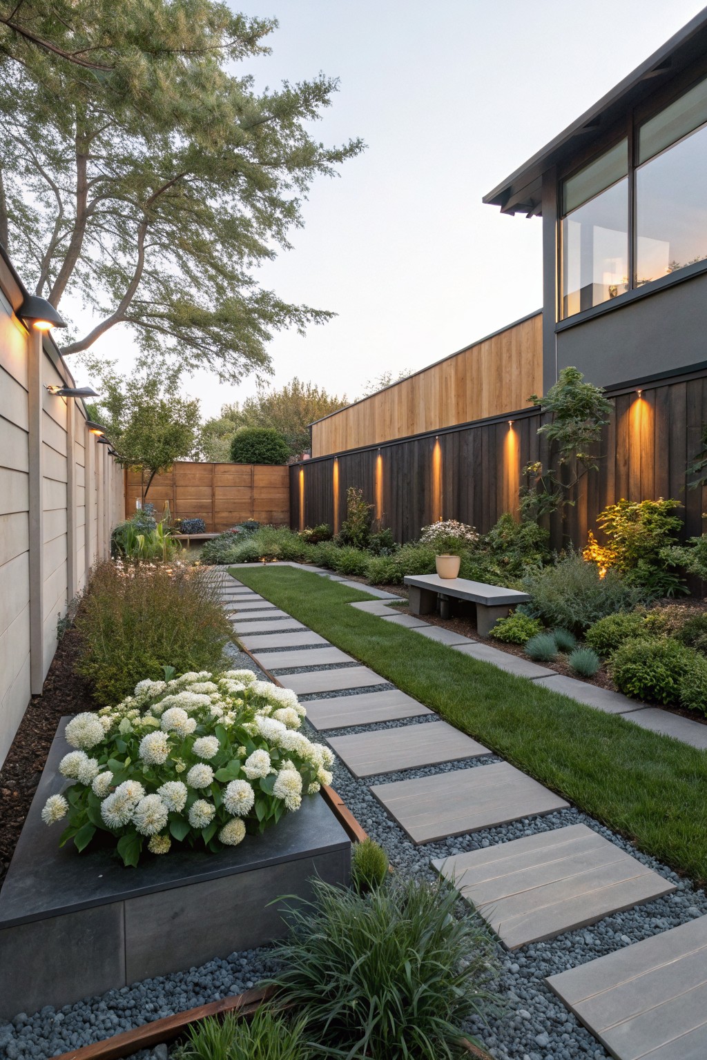 A narrow garden pathway of large rectangular concrete slabs separated by a grass strip, bordered by flower beds with white hydrangeas and other plants, leading to a concrete bench beside a wooden fence and modern house exterior.