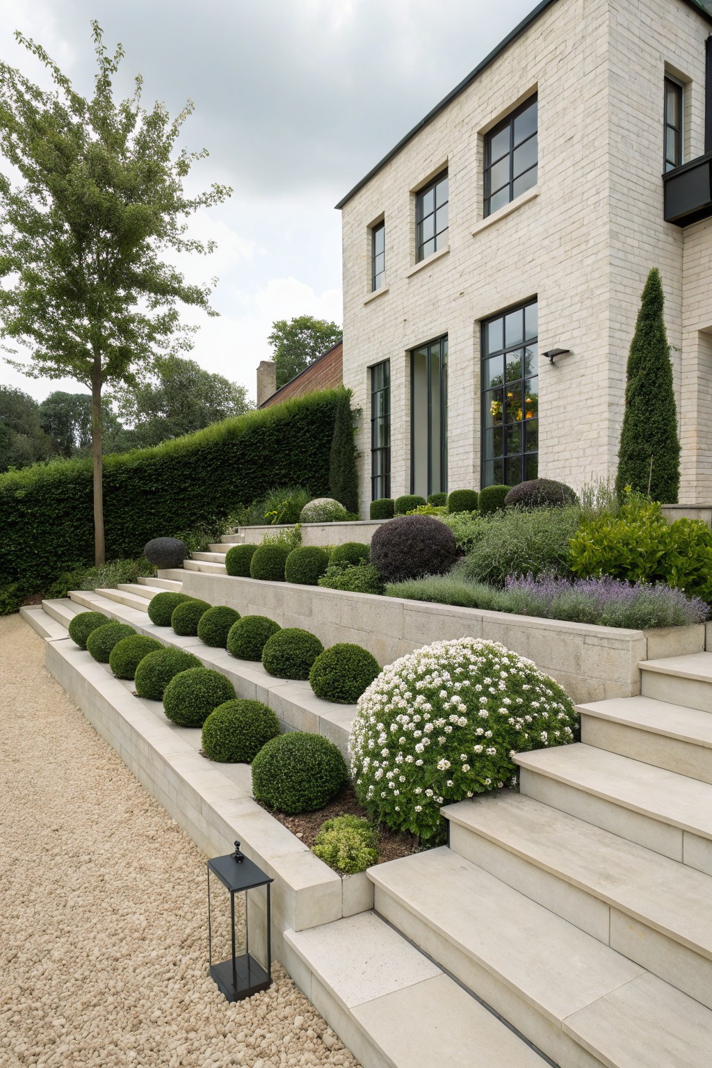 Terraced stone steps and retaining walls lined with spherical boxwood shrubs and white flowering plants, beside a beige brick modern house with gravel path and landscaped beds.