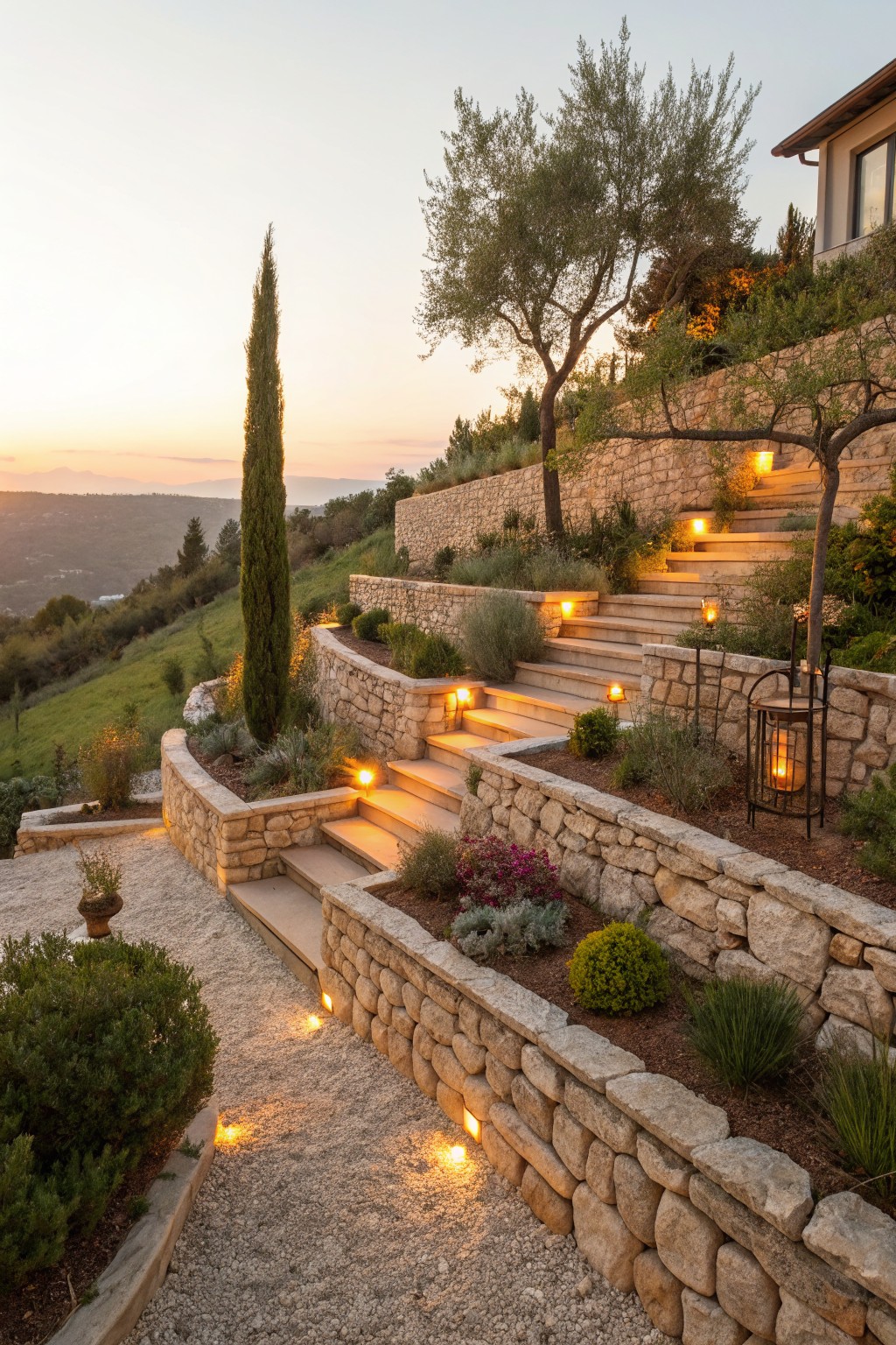 Terraced stone steps with retaining walls, integrated flower beds, olive trees, cypress trees, lanterns, and gravel path on a hillside garden at sunset.