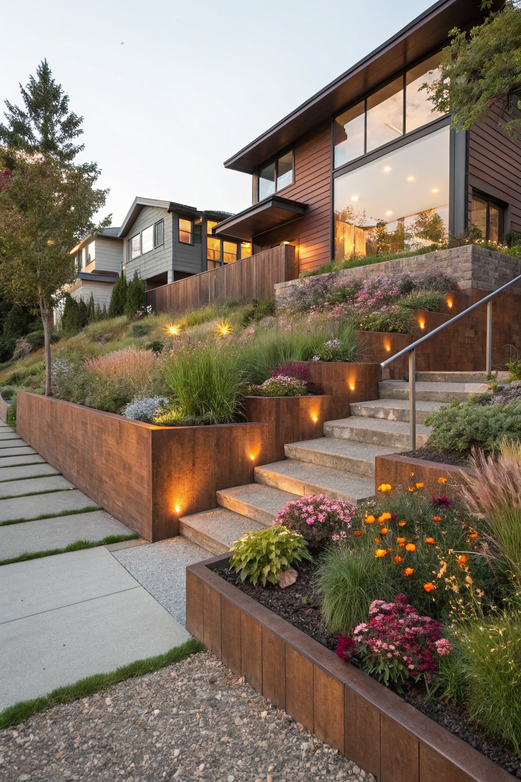Sloped yard with tiered brownish metal retaining walls serving as flower beds filled with grasses, pink flowers, and orange blooms, concrete stairs with metal railings and recessed lighting, pathway, and modern house above.