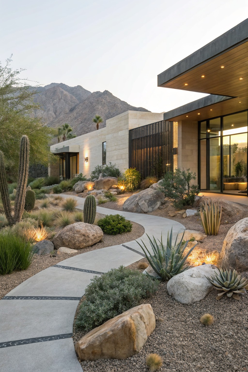Exterior view of a modern beige stone house with black metal screens and large glass doors, approached by a curved gray concrete path winding through desert landscaping of cacti, agaves, grasses, large boulders, and gravel amid mountains at dusk.