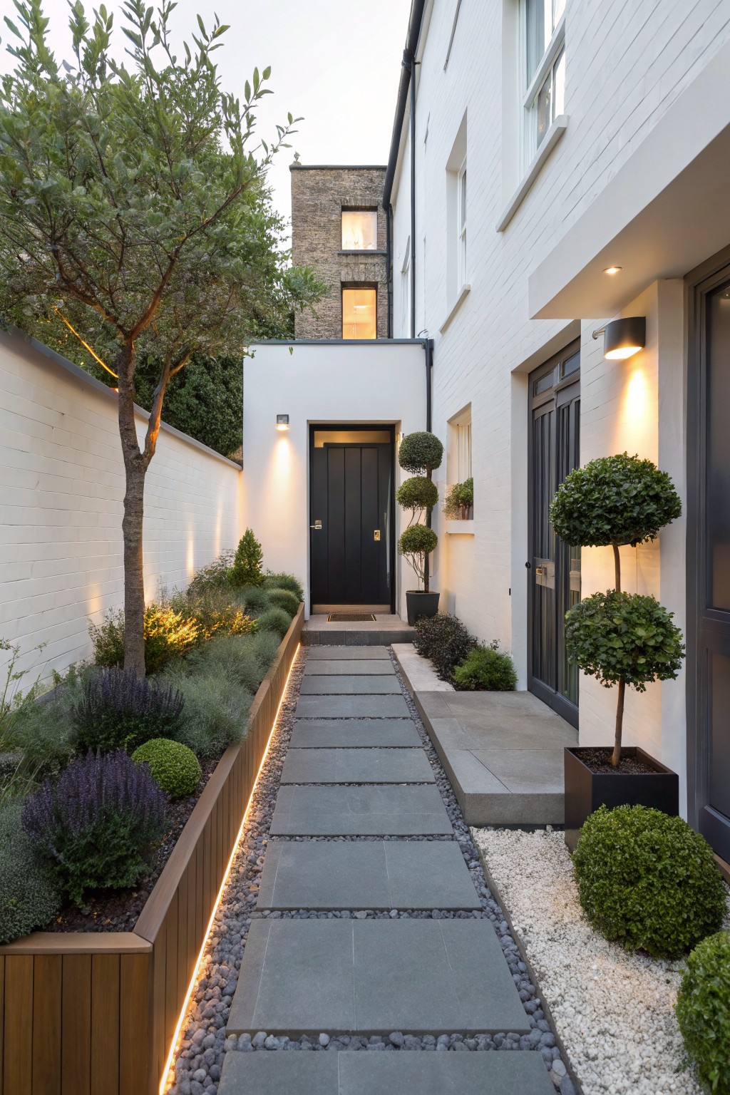 Narrow outdoor path of dark rectangular stone pavers bordered by raised wooden planters filled with lavender bushes, grasses, and pebbles, with LED strip lighting along the planter edge, topiary trees near black doors on white walls, and a tree in the background.