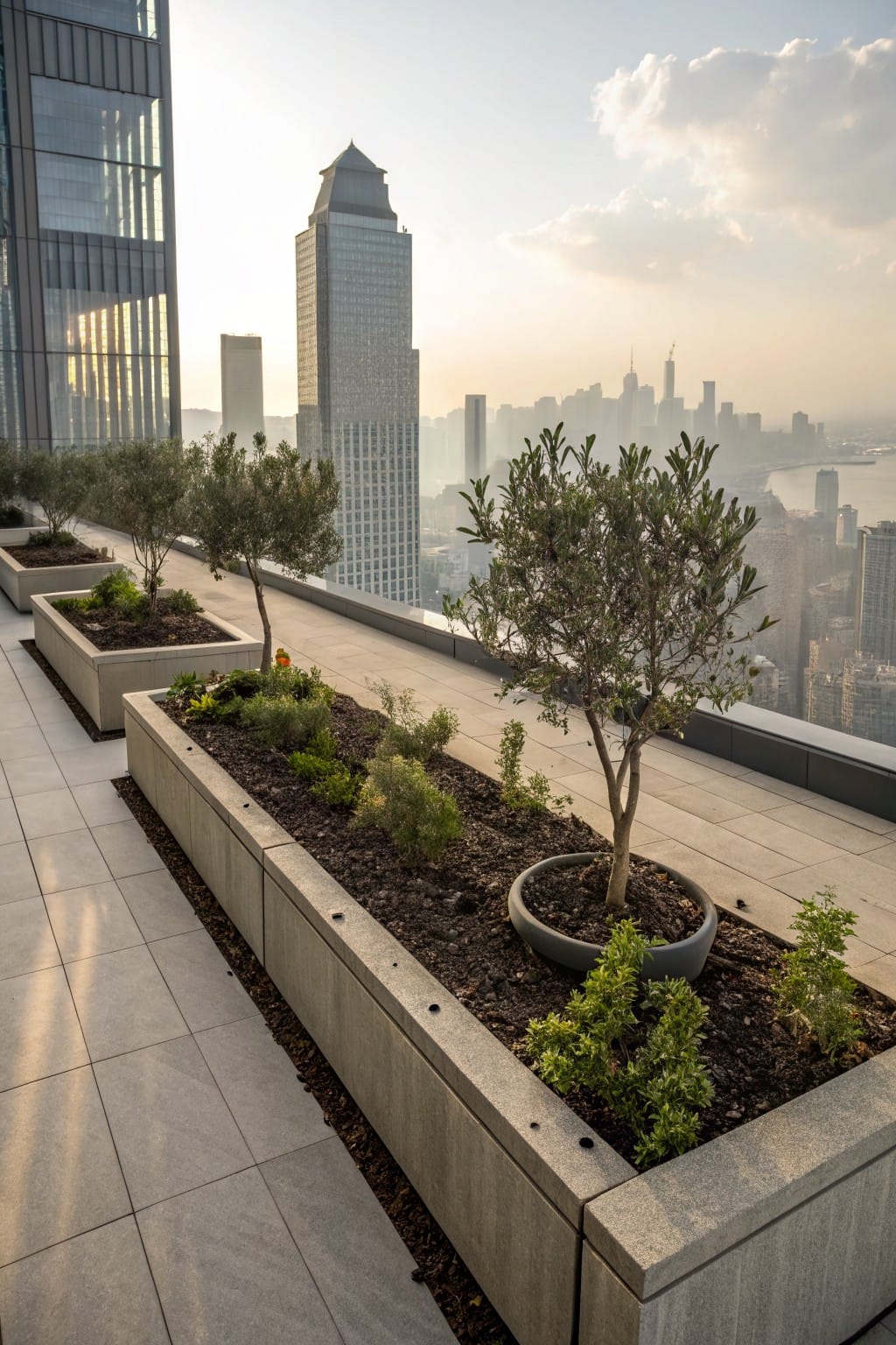 Rooftop terrace with multiple large rectangular concrete planters filled with soil, herbs, and small olive trees in pots, overlooking a city skyline at dusk.