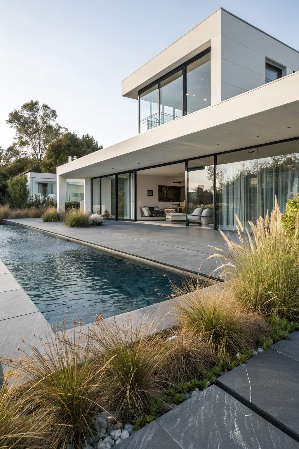 White modern house with large glass walls and doors adjacent to a rectangular pool edged in dark slate stone slabs, bordered by tall ornamental grasses and pebbles on a matching deck.