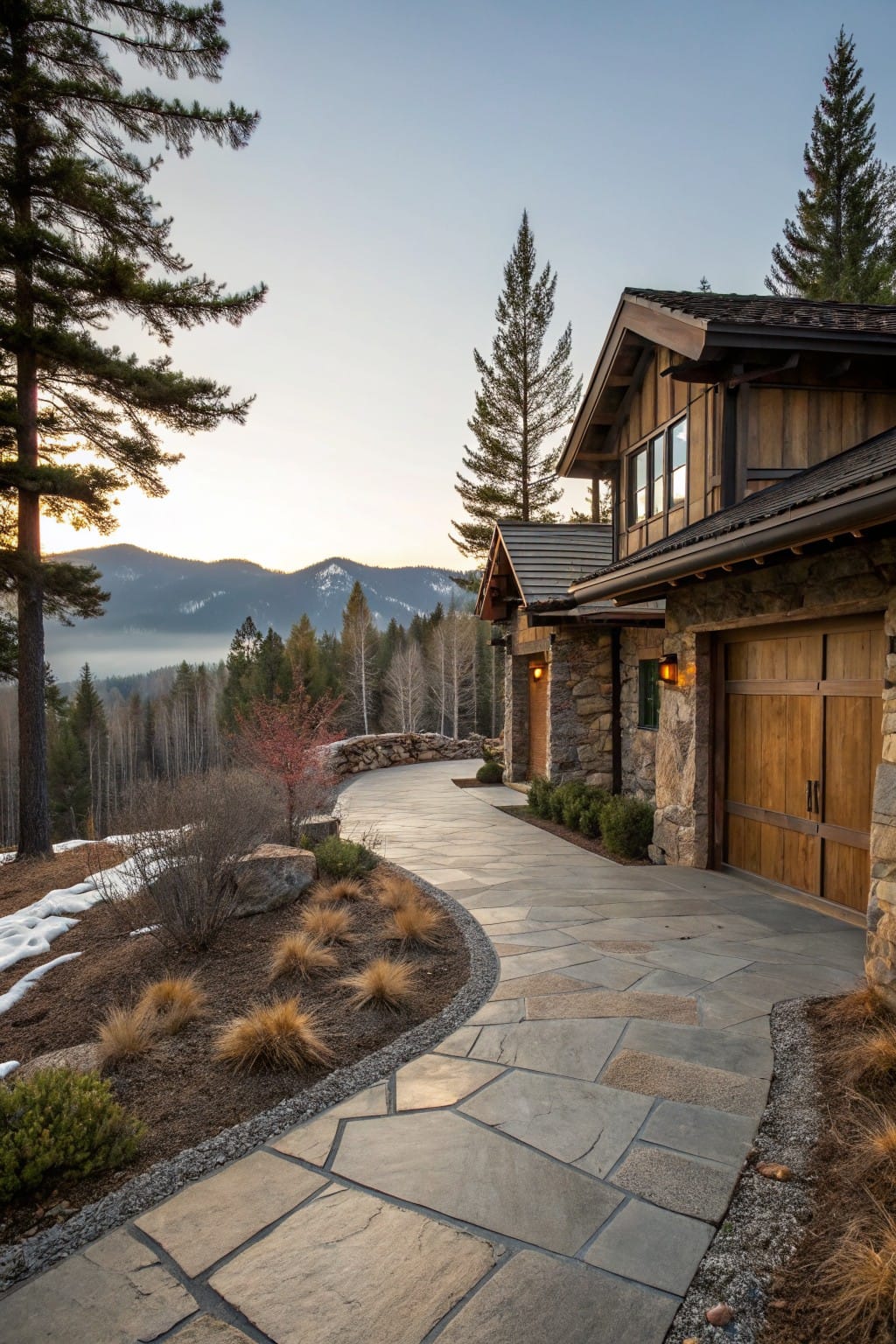 Curved flagstone pathway edged with ornamental grasses and shrubs leads to a rustic wooden garage door on a mountain home surrounded by pine trees and distant peaks.