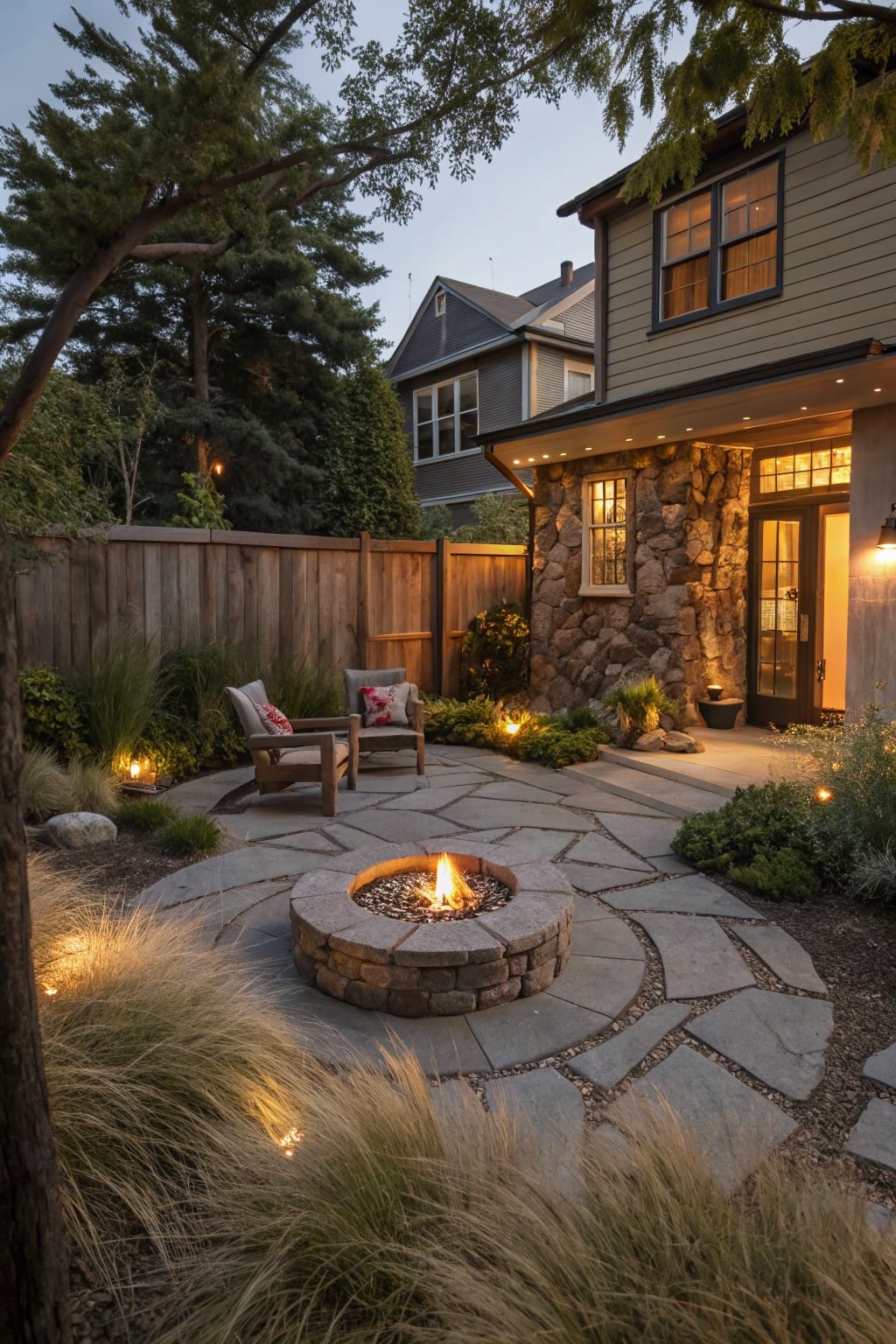 Backyard patio at dusk with a lit stone fire pit in the center of curved irregular flagstone pavers, flanked by two Adirondack chairs with cushions, surrounded by ornamental grasses and plants, next to a stone wall with glass doors on a house and a wooden fence.