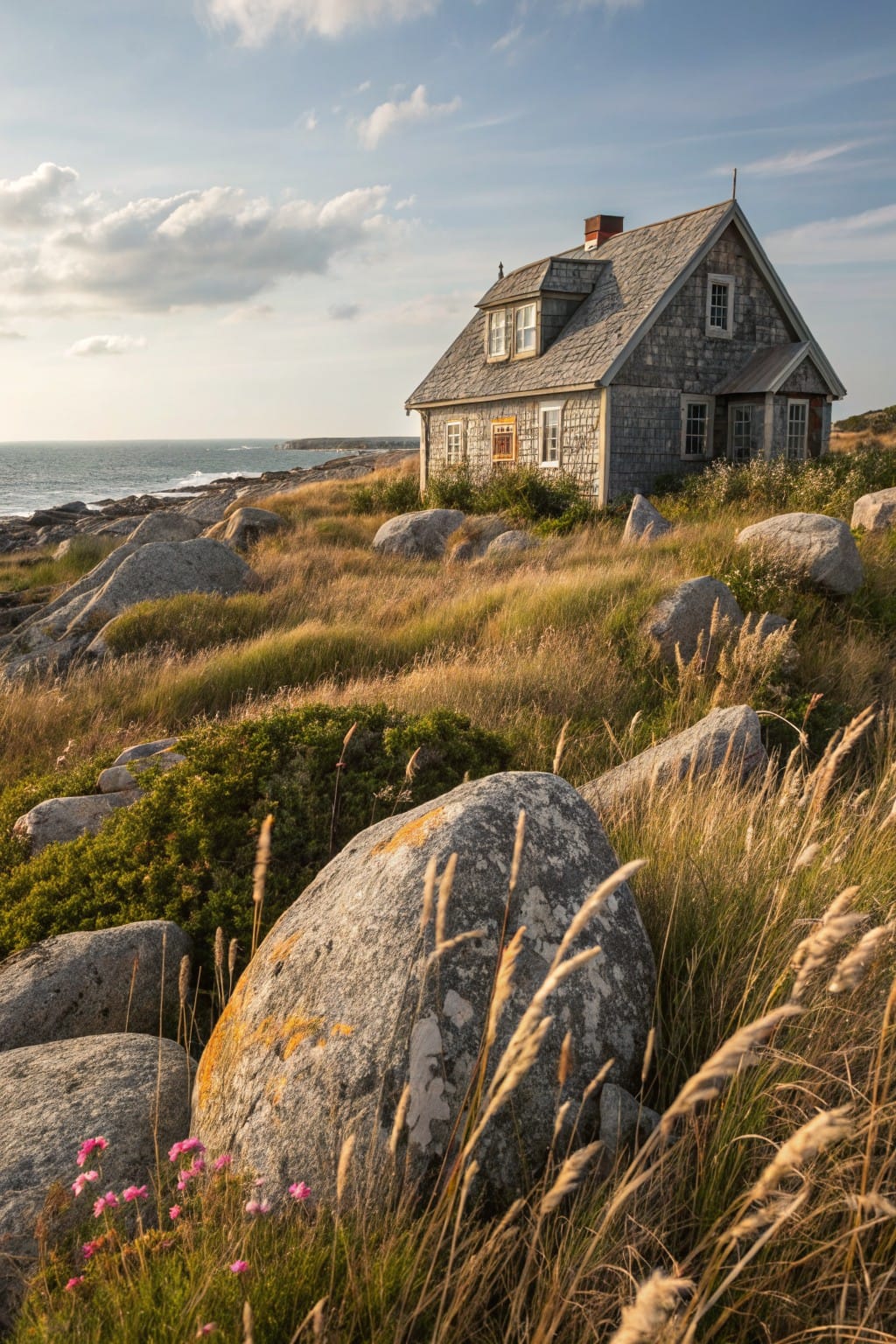 Gray shingled house on rocky coastal terrain with large lichen-covered boulders, tall grasses, pink wildflowers, and ocean view in background.