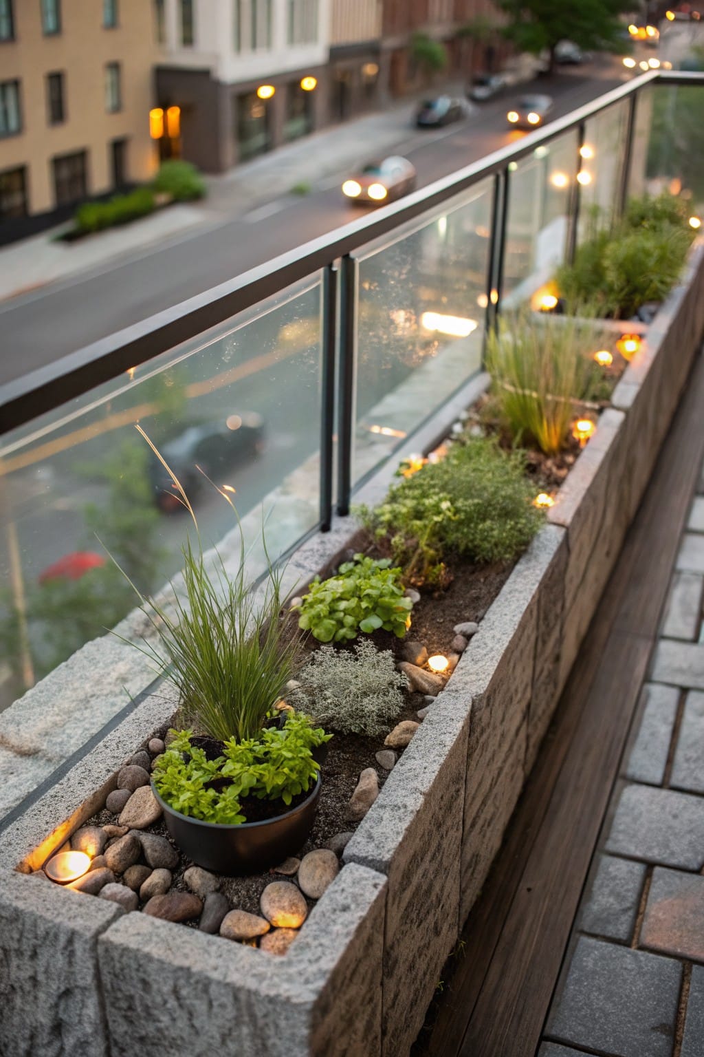 Long raised planter made of stacked gray natural stone blocks along a glass balcony railing, filled with green herbs, grasses, succulents, soil, and pebbles, with small embedded lights and city street view below at dusk.