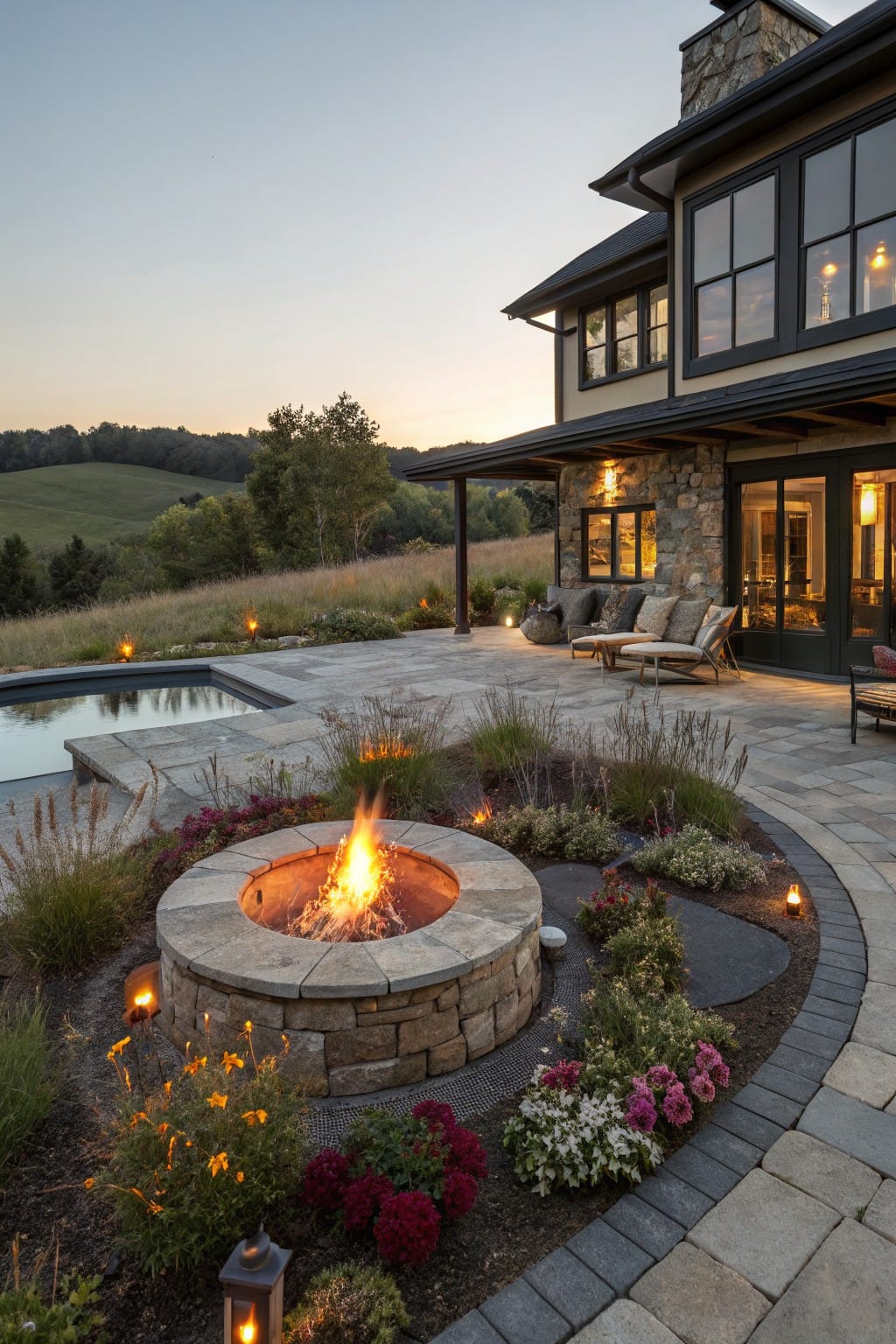 Dusk view of a backyard patio featuring a circular stacked stone fire pit with surrounding plants and flowers, a rectangular pool, paver walkways, lounge chairs, and a modern house with stone accents.