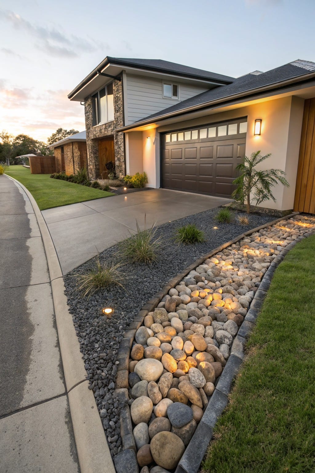 Modern house with dark garage door and stone accents beside a concrete driveway edged by a curved garden bed of black gravel, river rocks, grasses, and low pathway lights at dusk.