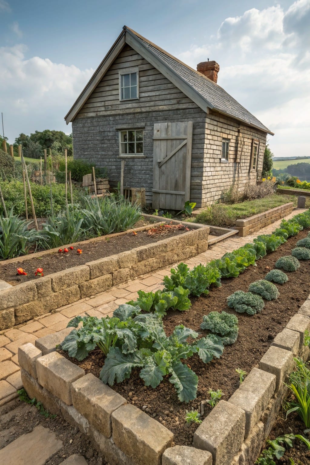 Rustic wooden shed with shingle siding next to raised garden beds edged by stacked natural stone blocks, containing vegetables including kale, lettuce, and tomatoes, bordered by a stone pathway.