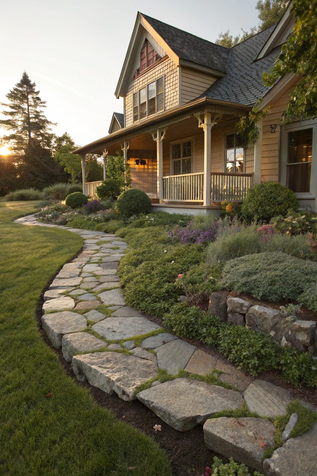 Beige shingle house with porch and windows, winding flagstone path edged by plants and low stone wall through garden beds, green lawn, shrubs, trees, and sunset sky.