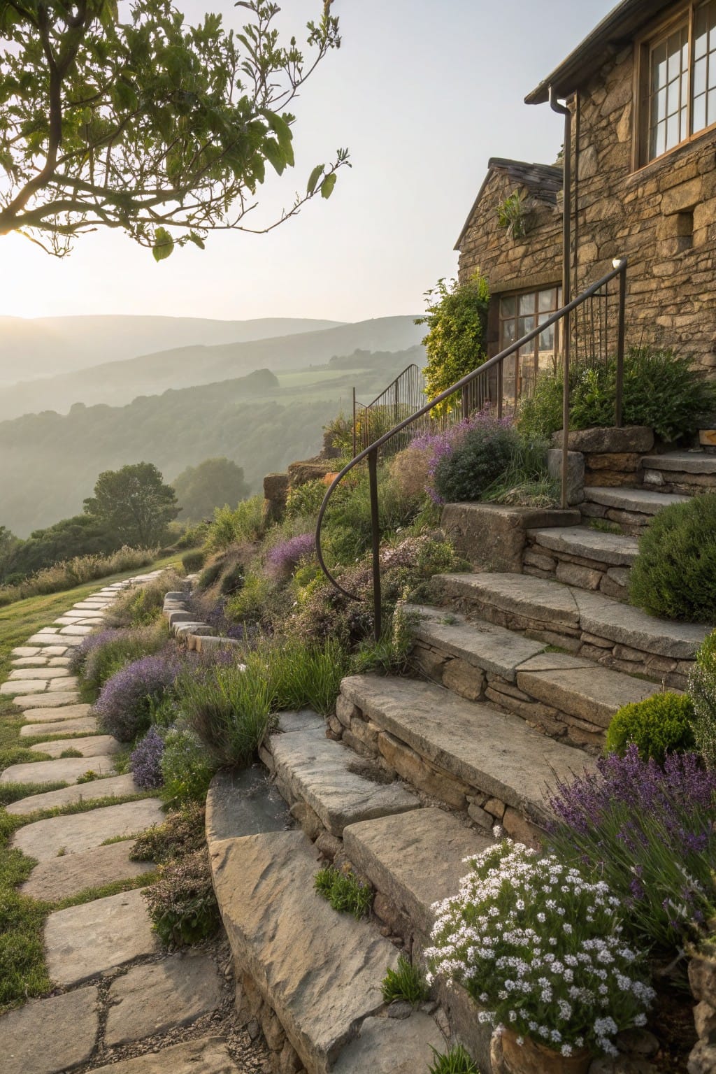 Stone house on a hillside with irregular natural stone steps terraced up to the entrance, edged by lavender and grasses, metal railing along one side, and valley views below.