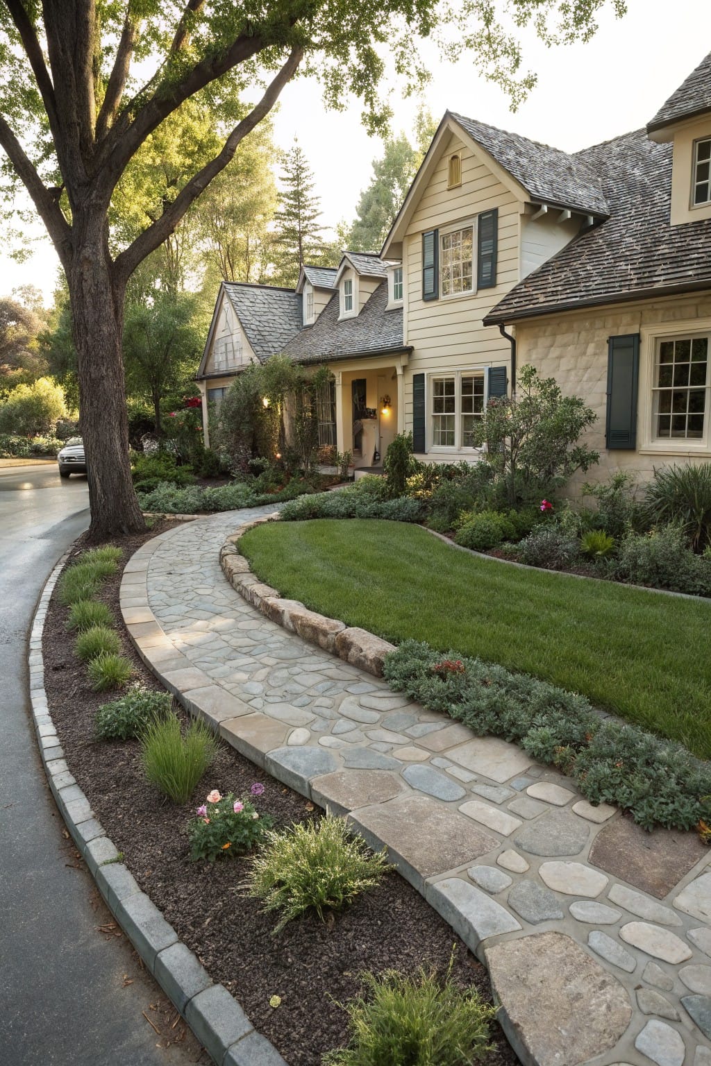 Curved flagstone pathway edged with stone curbing, mulch beds, and low plants winds through a front yard with manicured lawn toward a beige shingle-style house.