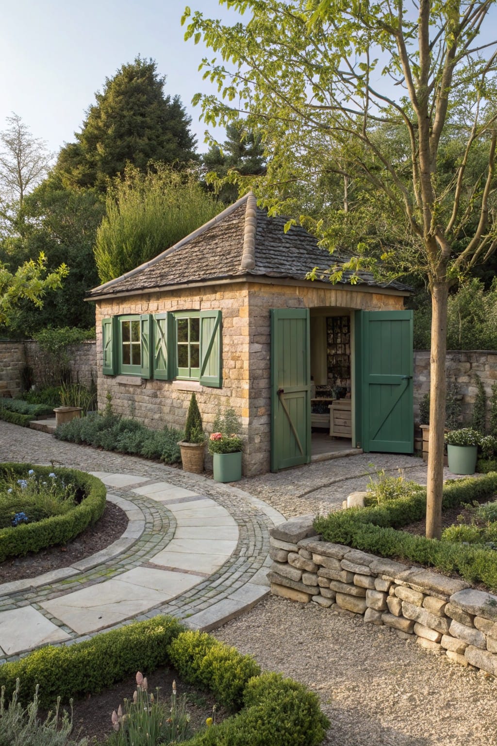 Small stone shed with green shutters and open doors centered in a garden with curved gravel paths, low dry-stacked stone walls bordering boxwood hedges and flower beds, potted plants nearby, and mature trees in the background.