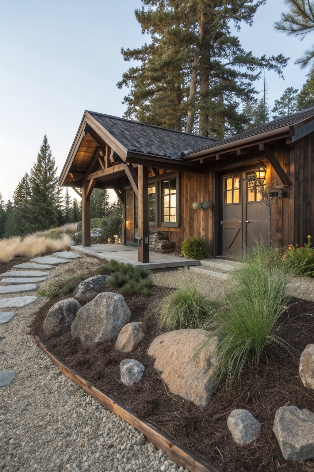 Rustic wooden shed with timber porch and dark shingle roof, fronted by landscaped gravel area with large boulders, ornamental grasses, stepping stone path, and surrounding pine trees.