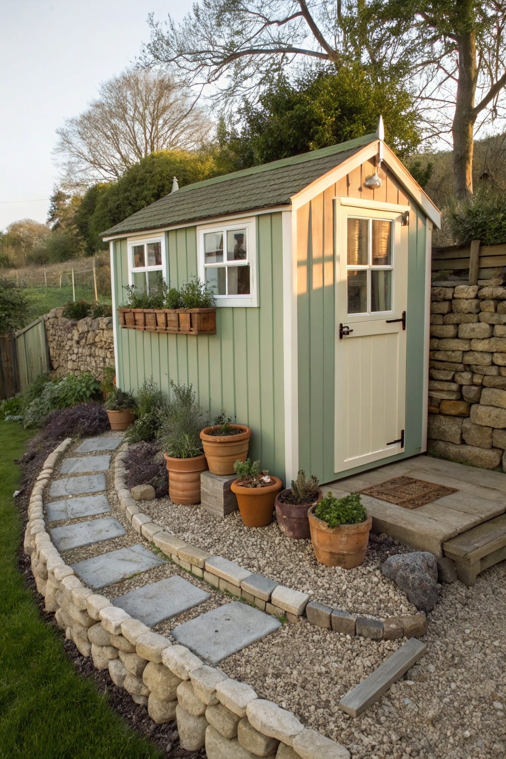 Green wooden garden shed with white trim, window box of plants, and glazed door, bordered by curved dry stone wall, gravel path with stone steps, potted plants, and surrounding greenery.