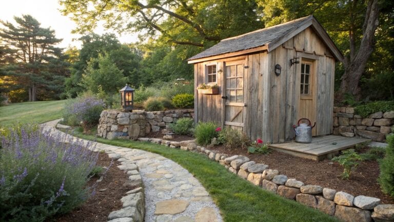Rustic wooden shed surrounded by a winding flagstone path edged with rocks, lavender plants, grass, and a wooden bench on a hillside garden.