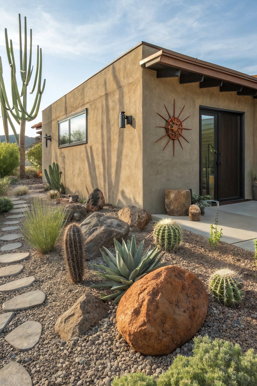 Small beige stucco shed with metal roof, glass window, wooden door, and sunburst wall decor, bordered by gravel yard with large boulders, barrel cacti, agave plants, stepping stones path, and tall ocotillo cactus nearby.