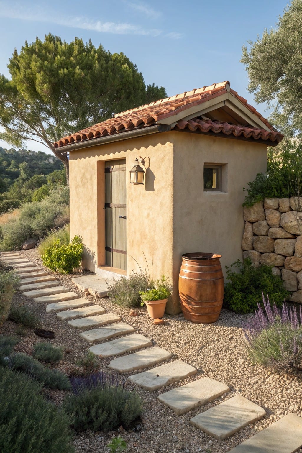 Small beige stucco shed with wooden door, terracotta tile roof, and wall lantern, approached by irregular flat stone steps set into gravel groundcover, surrounded by low plants, lavender, a copper barrel, and a stone retaining wall.