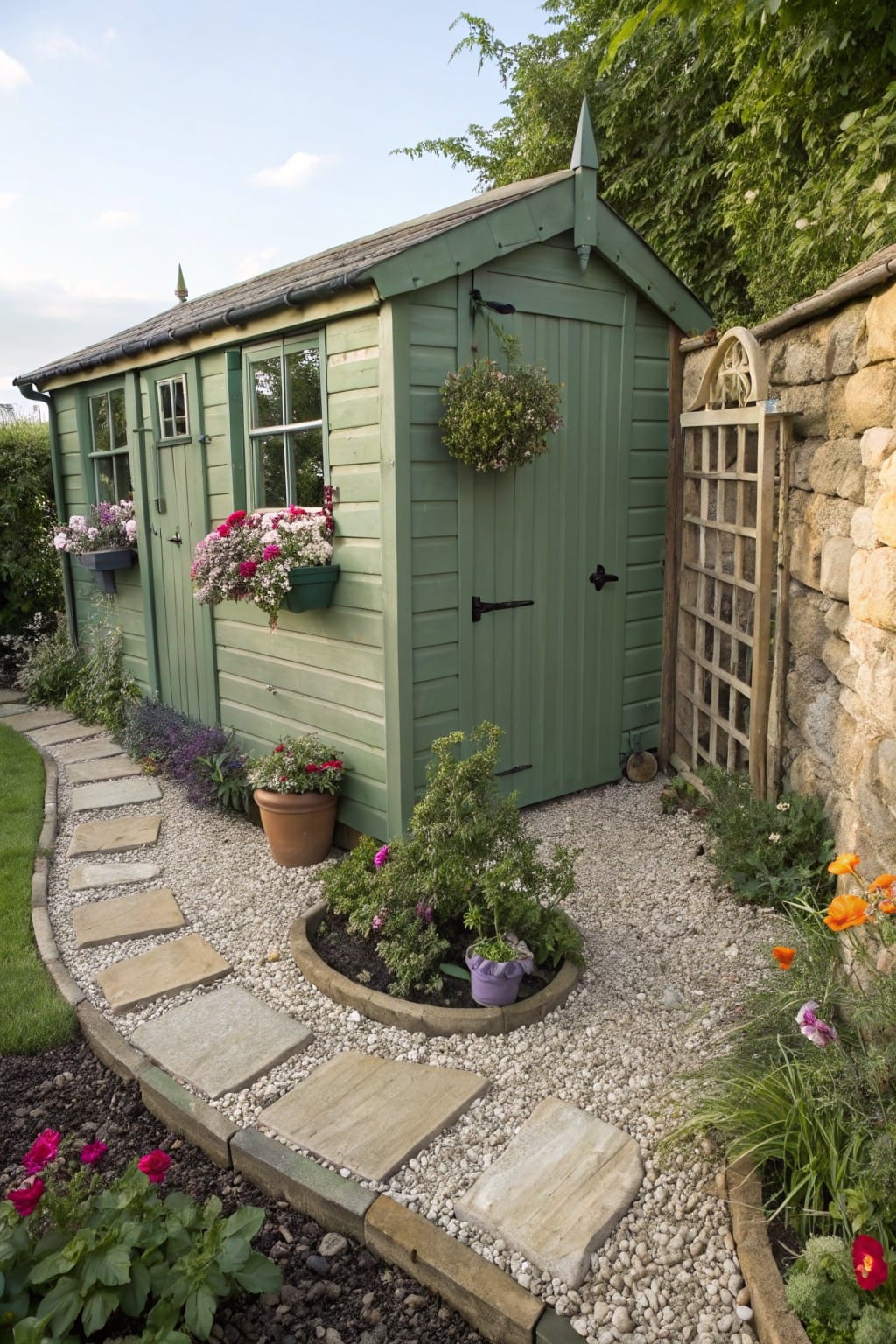 Sage green wooden garden shed with double doors, surrounded by gravel ground cover, irregular stone slab path, stone-edged flower beds with plants and pots, and a low stone wall nearby.