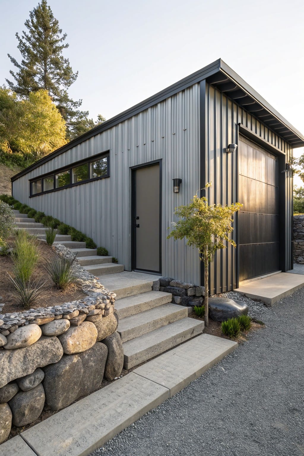Gray corrugated metal shed on a hillside with a tall rock retaining wall, concrete steps leading to a side door, ornamental grasses, a small tree, and gravel ground cover.