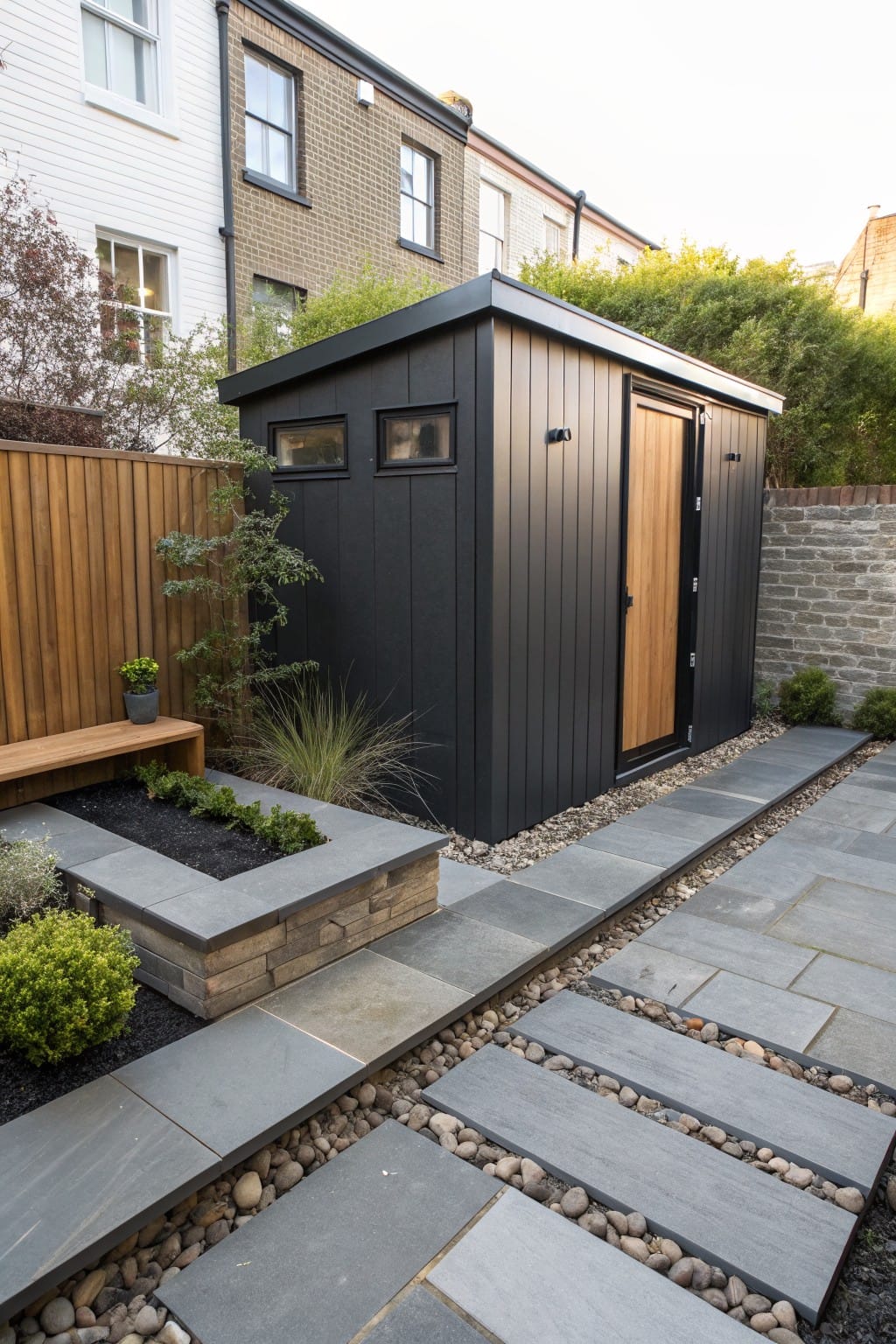 A black modern shed with a green sedum roof in a backyard garden, fronted by a pathway of large rectangular gray slate pavers separated by light gravel strips, with low plants, a wooden bench, and pebble mulch beds nearby.