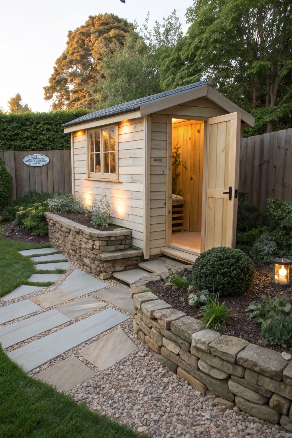 A small wooden garden shed with open door and interior light, positioned on raised stone retaining walls with planted greenery, a stone step path leading to it, surrounded by garden beds, plants, lanterns, and a gravel area.