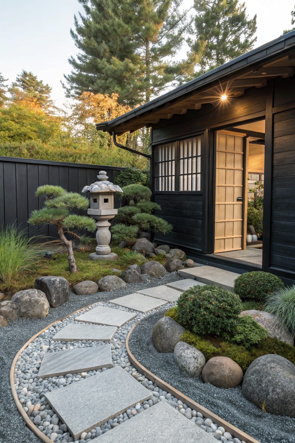 Curved gray stepping stone path bordered by gravel, pebbles, and large rocks amid low shrubs, bonsai pine, and stone lantern leading to entrance of black wooden shed with shoji doors and paper screens.