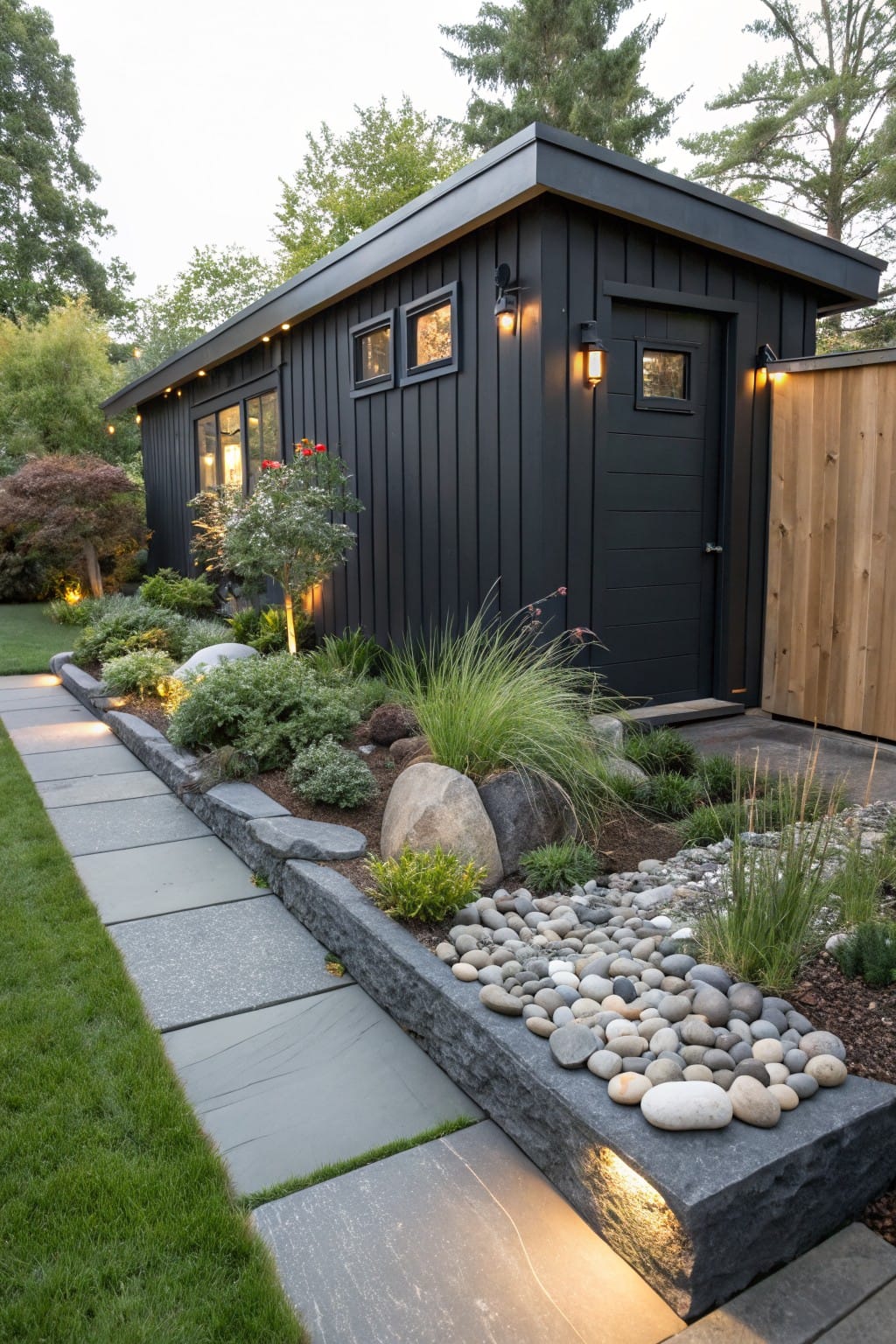 Black clapboard shed with windows and lanterns beside a slate paver path edged by black stone retaining wall filled with pebbles, boulders, grasses, and shrubs in a backyard garden.