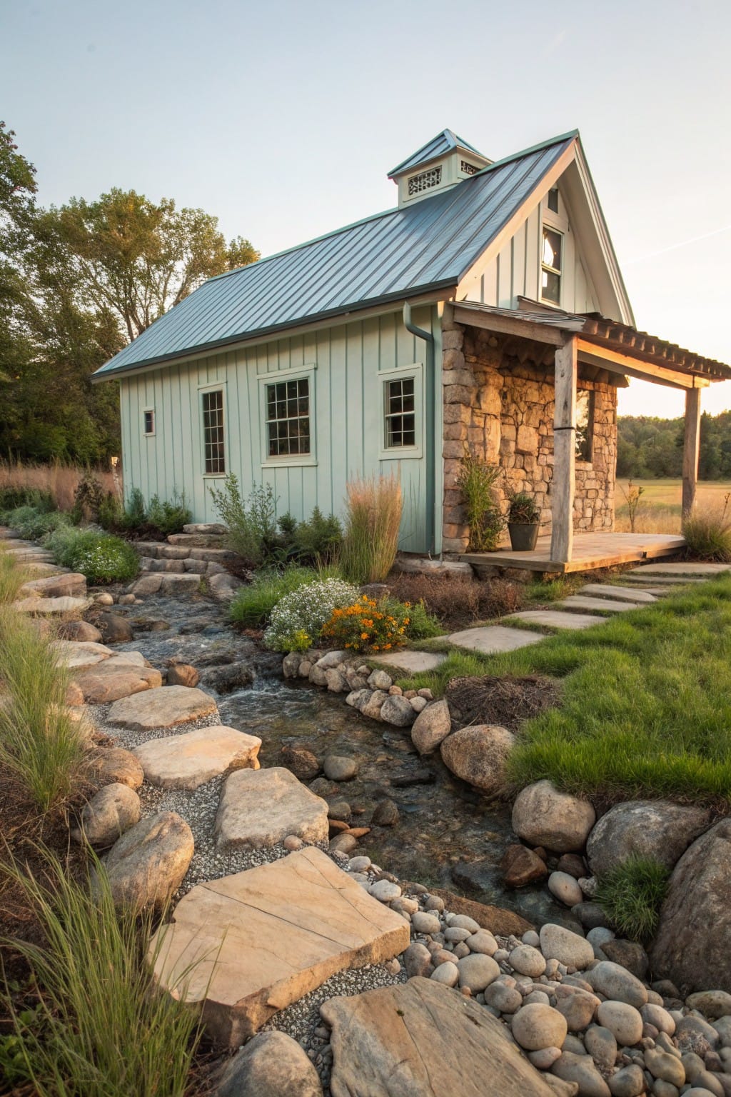 Small light green clapboard shed with metal roof, stone foundation, and covered porch, approached by a winding path of flat stepping stones across a rock-lined stream bed surrounded by grasses and plants.