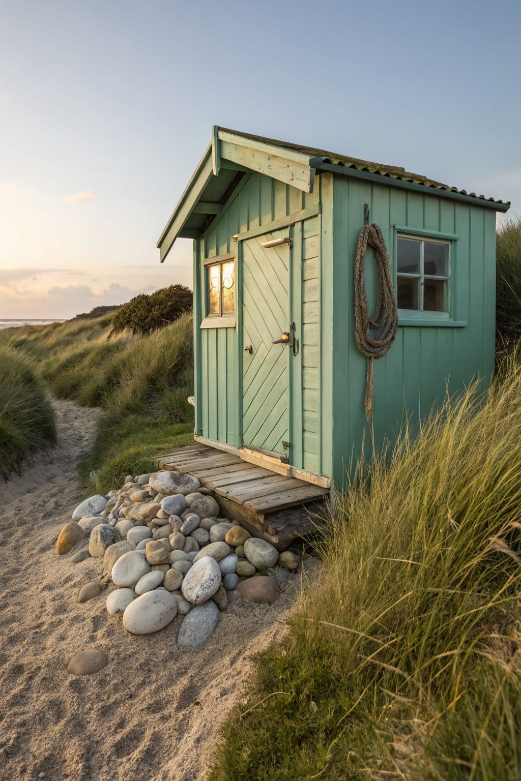Green wooden shed with slanted roof on a sandy dune path surrounded by tall grass, featuring a pile of smooth rounded rocks at the base of wooden steps leading to a locked door, a coiled rope on the wall, and warm evening light.