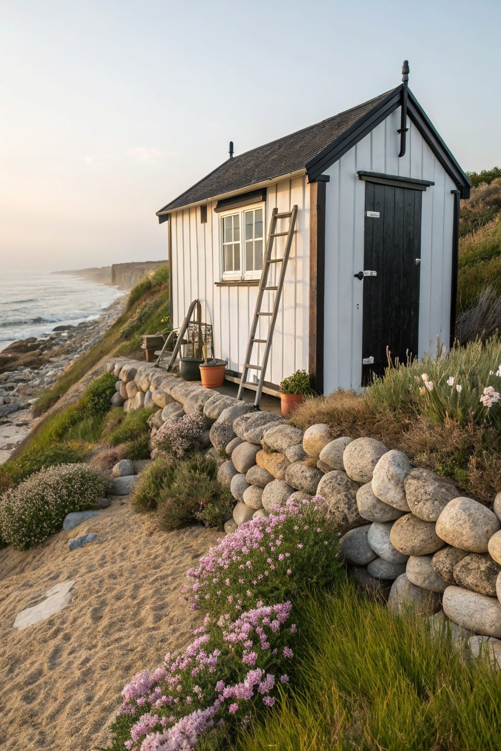 Small white wooden shed with black trim and door on a coastal cliff, bordered by a dry-stacked wall of large rounded stones, with plants, pots, ladder, and ocean view below.