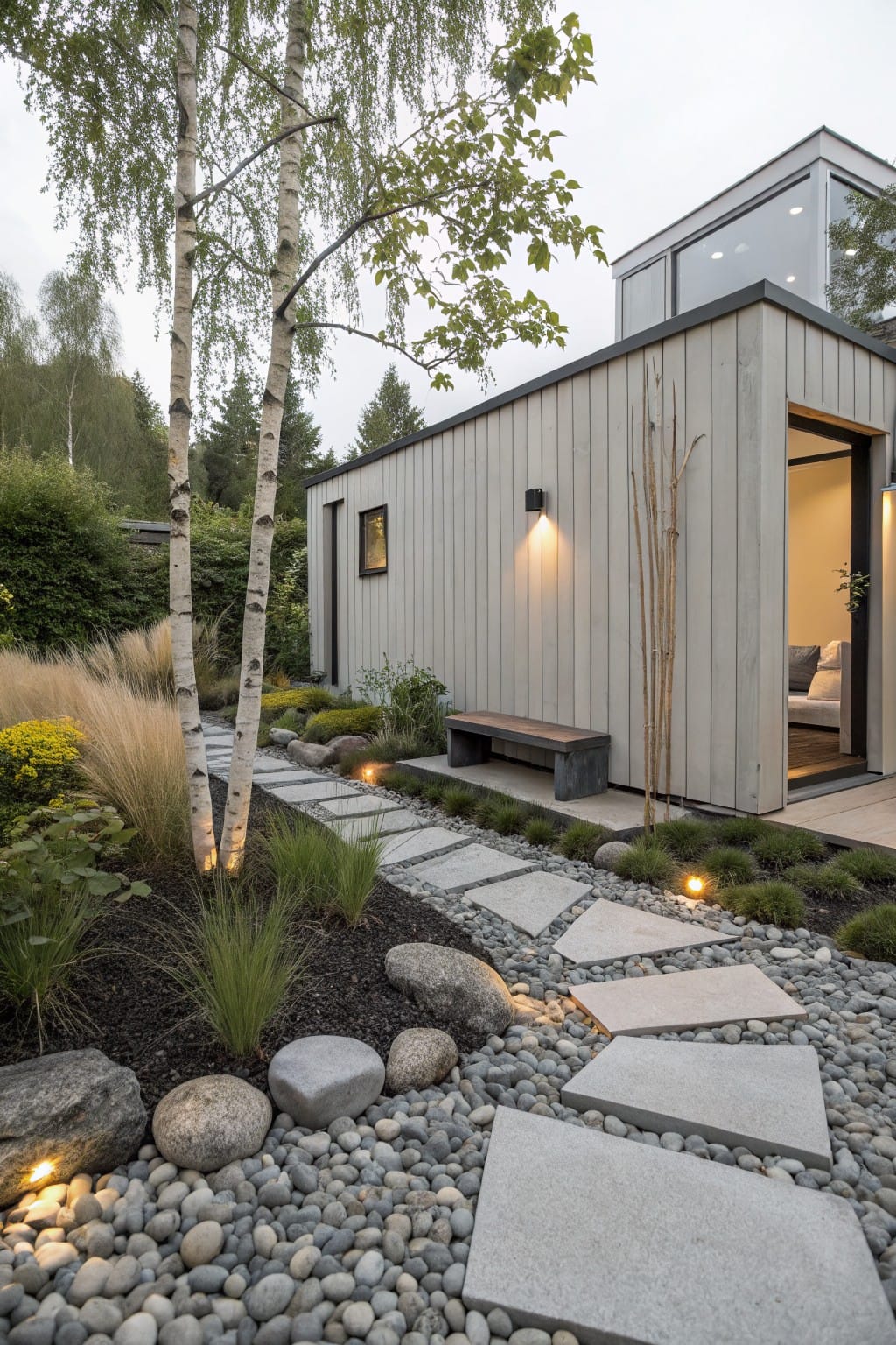 Small modern shed with cedar siding approached by irregular gray stepping stone path set in gravel beds with boulders, river rocks, grasses, birch trees, and low path lighting.
