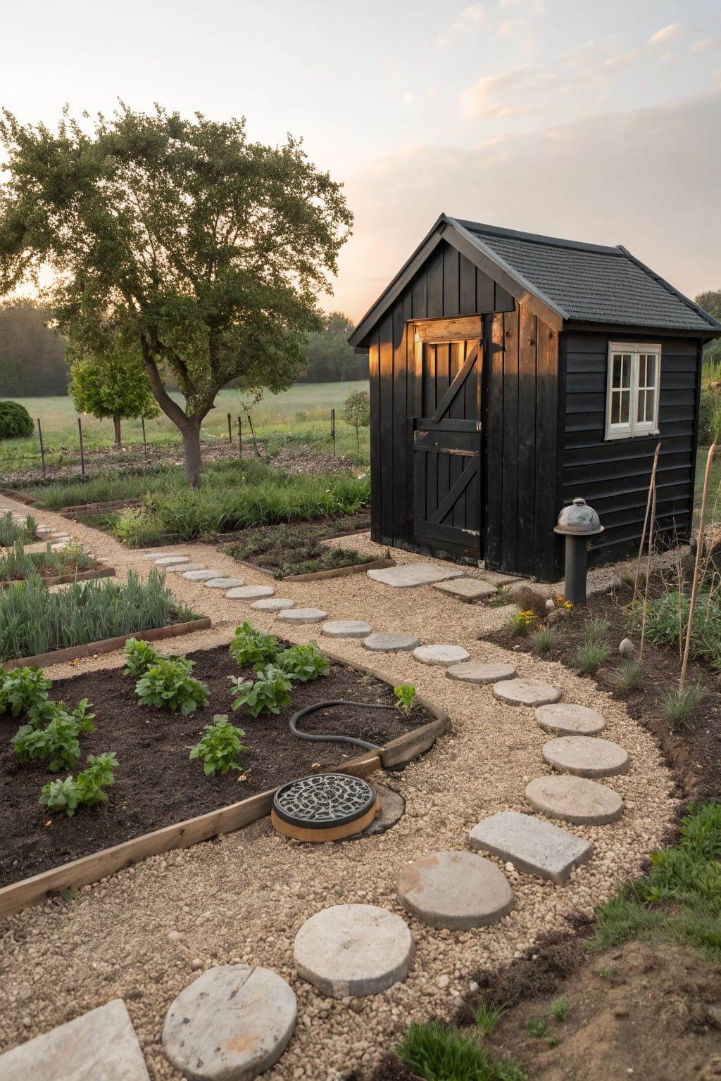 Black wooden garden shed next to raised beds with vegetables and herbs, gravel path with circular stepping stones leading to the door, trees and fields in the background at dusk.